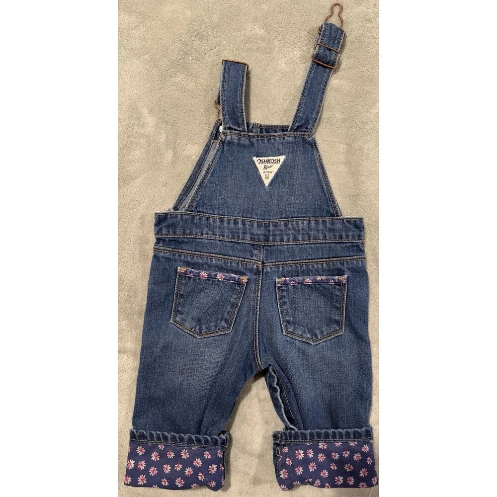 Vintage Y2K OshKosh B'gosh Vestbak Baby Girls 9M Blue Denim Overalls Floral Trim